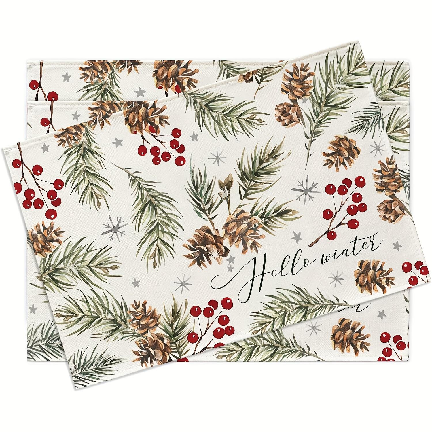 

Hello Winter Placemats Set of 4 - Machine Washable Linen Table Mats, Rectangular Woven Christmas Dining Decor with Pine Needle, 30x45cm-4PC