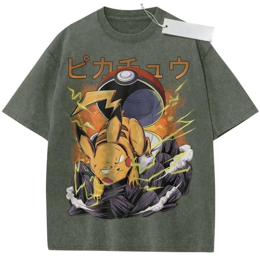 Unisex Black Washed Vintage T Shirt Pokemon Pikachu Thunder Ball Breakthrough High Quality Fabric for Casual Shopping