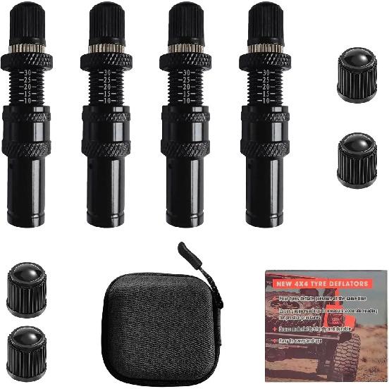 4 Pcs Automatic Tire Deflator Kit 10-30 PSI / 0.7BAR-2.1BAR Adjustable With Valve Cap Auto-Stop Air Valve for Cars Trucks Motor