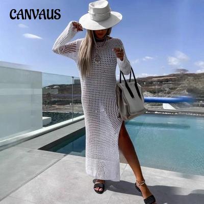Damen Sommer Neu Urlaub Strand Sexy Strick Hohl Langrock Bikini Überwurf Kleid