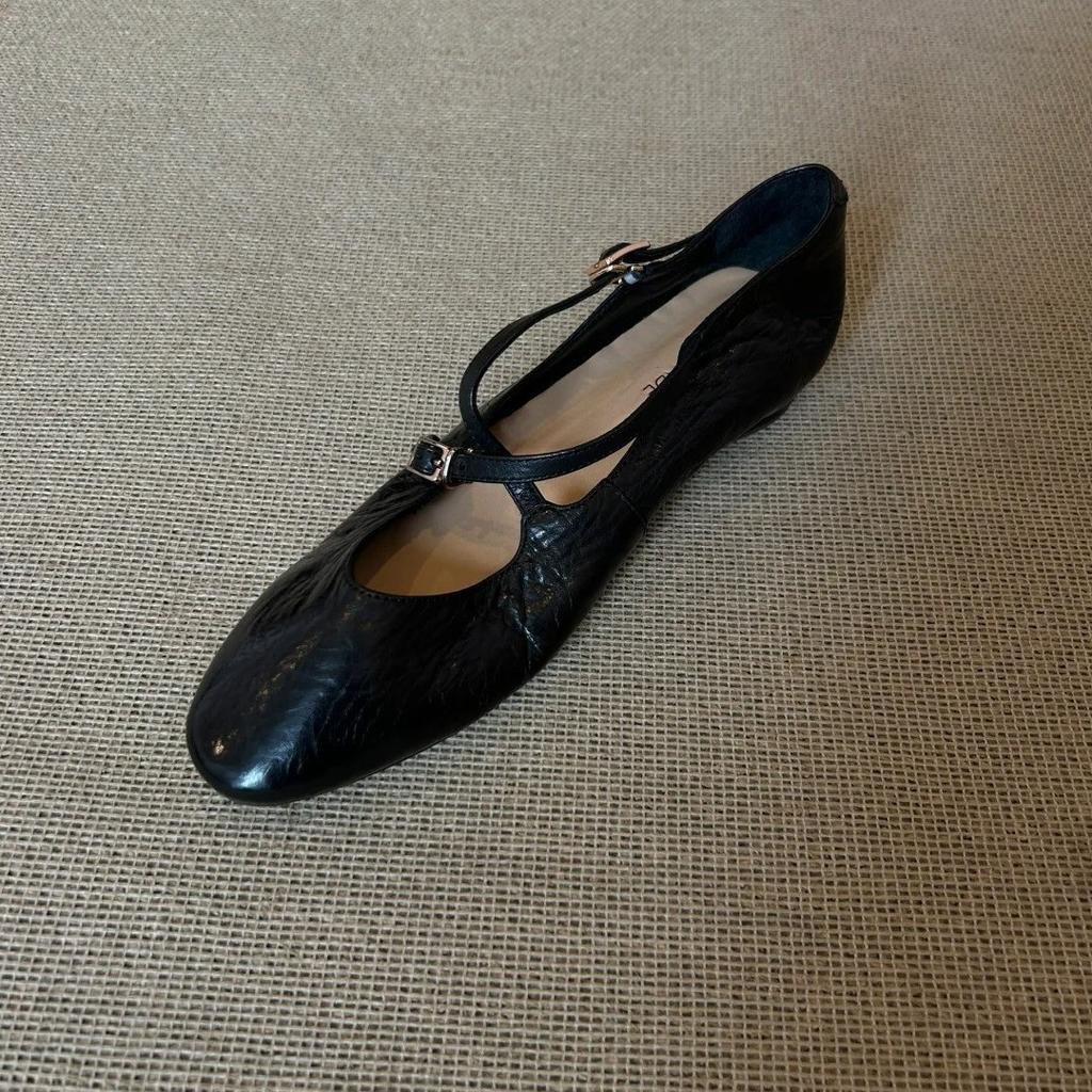 Washed cowhide~ Red ballet shoes retro leather cross-strap Mary Jane shoes women's round head shallow mouth flat-soled single shoes