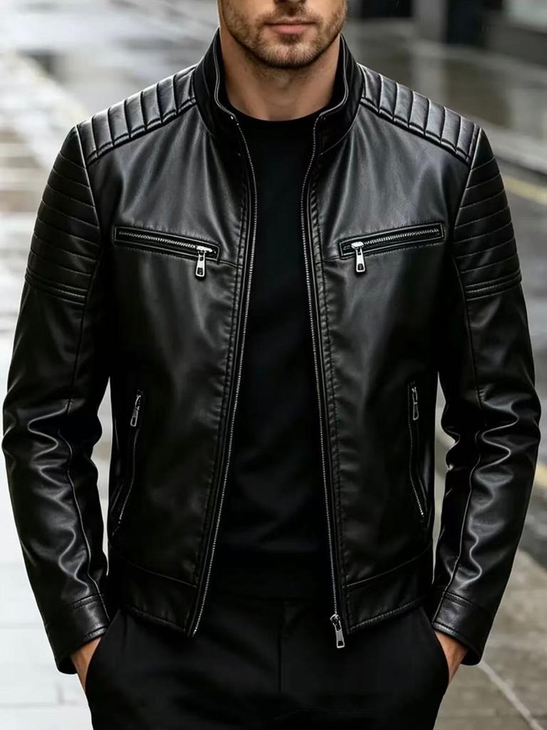 New men's PU leather jacket stand-up collar locomotive jacket spring and autumn slim leather jacket large size European size