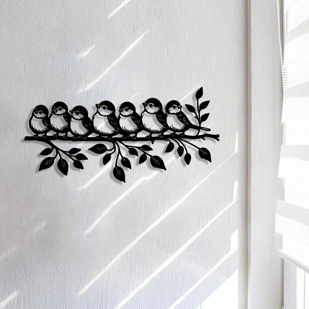 1 PC Black Iron Seven Little Cute Birds On Branch Minimalist Metal Wall Art - Modern Home Decor For Bedroom, Living Room, Or Bathroom.