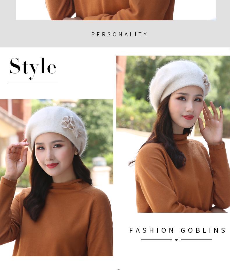Women's Winter Fashion Knitted Wool Beret with Rabbit Fur - Cute Korean-Style Beanie