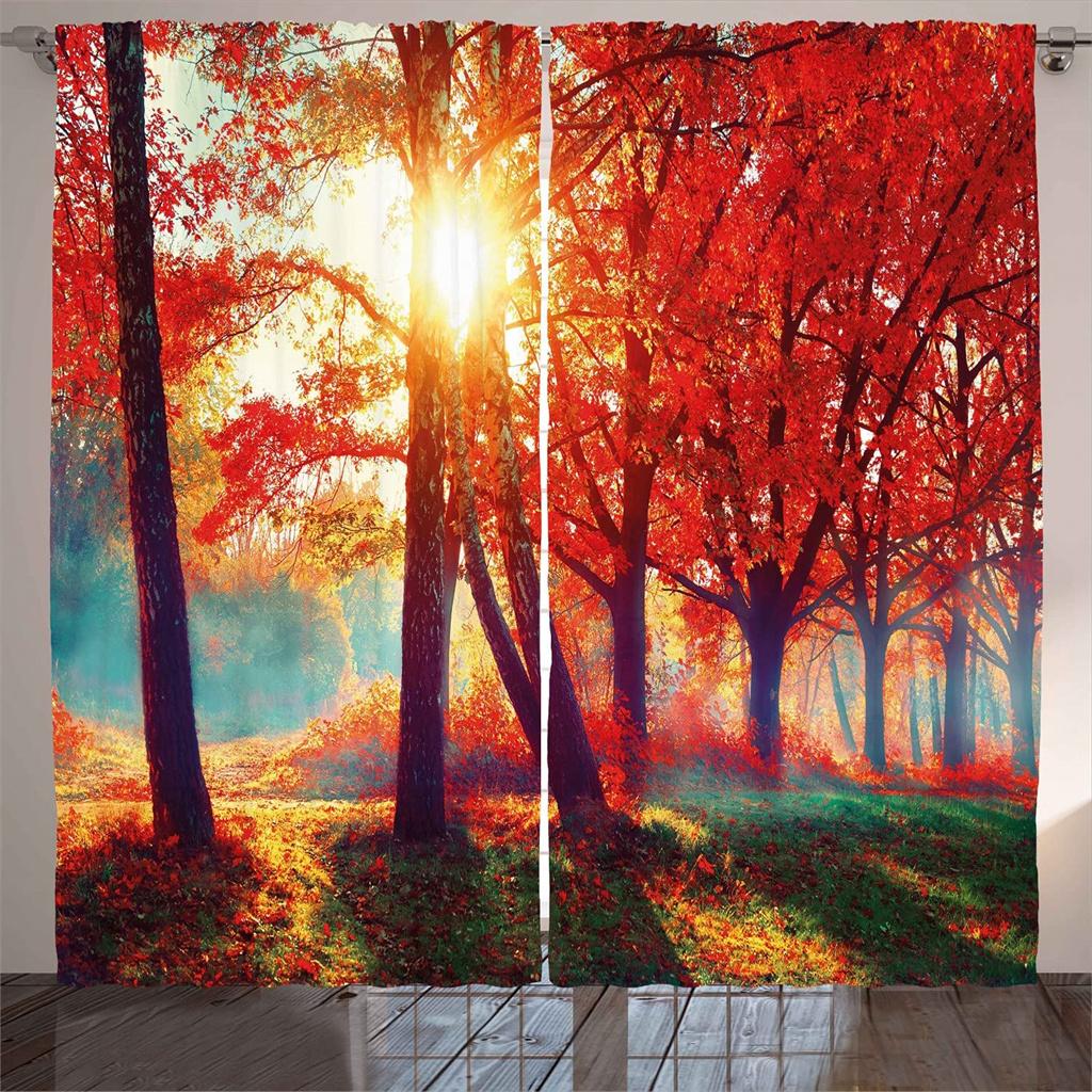 Ready-made Natural Senery Forest Sunset Thin Window Curtains For Kids Bedroom Living Room Bathroom Kicthen Door Hall Home2Pieces