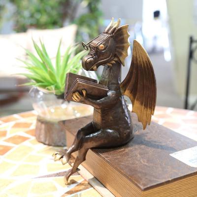 Vintage Reading Book Dragon Figurine Western Sculpture Flying Dragon Statue Resin Model Figure Ornament