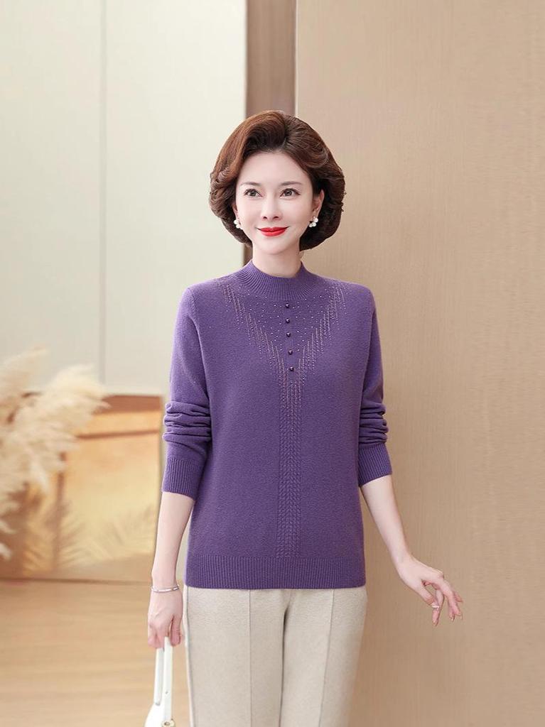 Mom's Pure Cashmere Half-High Collar Sweater - Stylish Autumn & Winter Knit, Loose Fit, Women's Base Layer