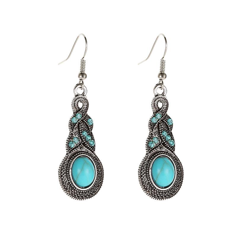 European And American New Drop Set Retro Pattern Blue Crystal Jewelry Zircon Boho Party Set Necklace Earrings