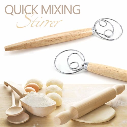 DIFENLUN Danish Dough Whisk Bread Mixer, 2-Pack, Stainless Steel Dutch Whisk Hand Mixer with Wooden Handle, Kitchen Baking Tool for Cakes, Desserts, S
