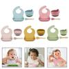 3 Pcs Baby Bibs+Suction Dish Bowl Plate+Spoon Set Waterproof Silicone Tableware Blue