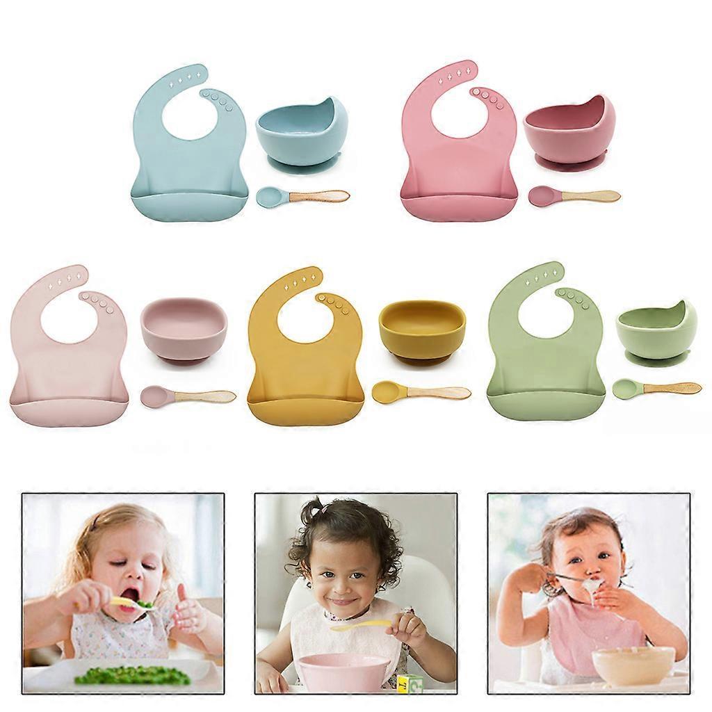 3 Pcs Baby Bibs+Suction Dish Bowl Plate+Spoon Set Waterproof Silicone Tableware Blue