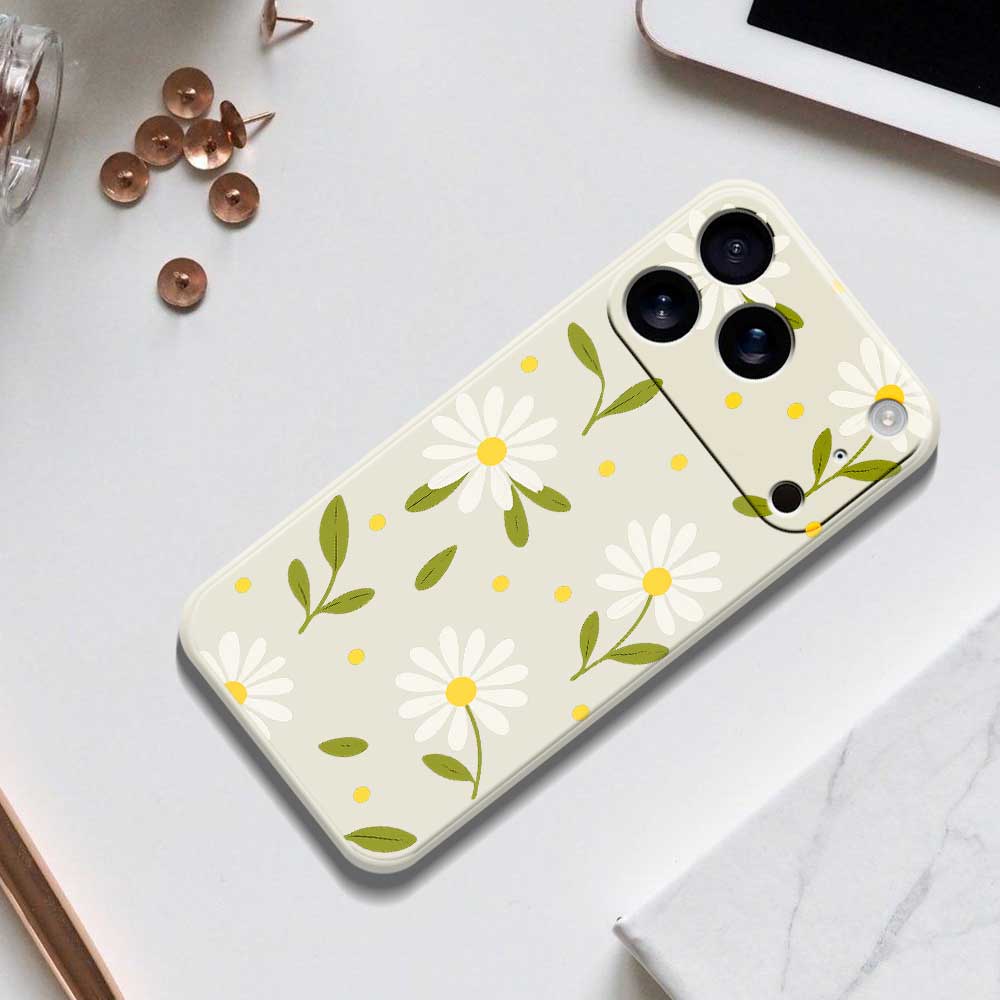 For iPhone 17 Pro Case White Flowers Green Leaves Pattern Printing Straight Edge TPU Phone Back Cover