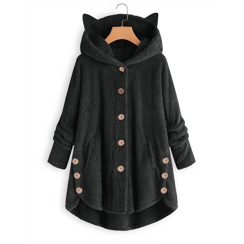 Women's Loose Plush Solid Color Single Breasted Pocket Hood Zipper Jacket
