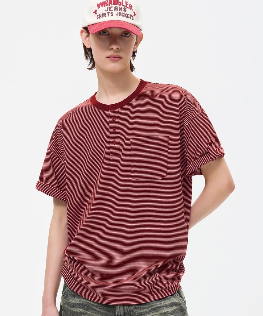 TRILLION Roll-Up One-Pocket Henley Neck Short Sleeve T-Shirt_4Color