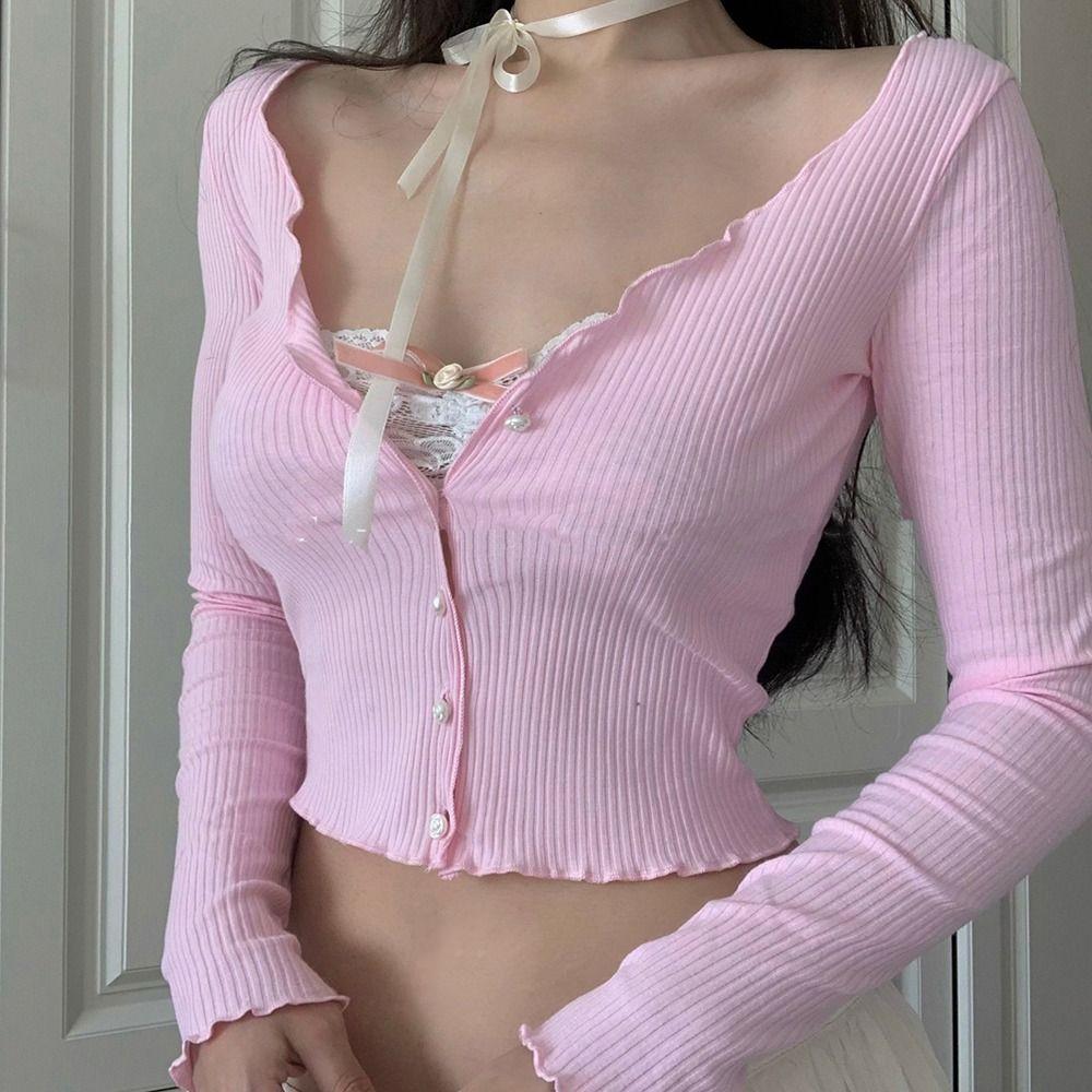 

Кружевная футболка с длинным рукавом Y2K без капюшона, стильный укороченный топ для женщин, весна