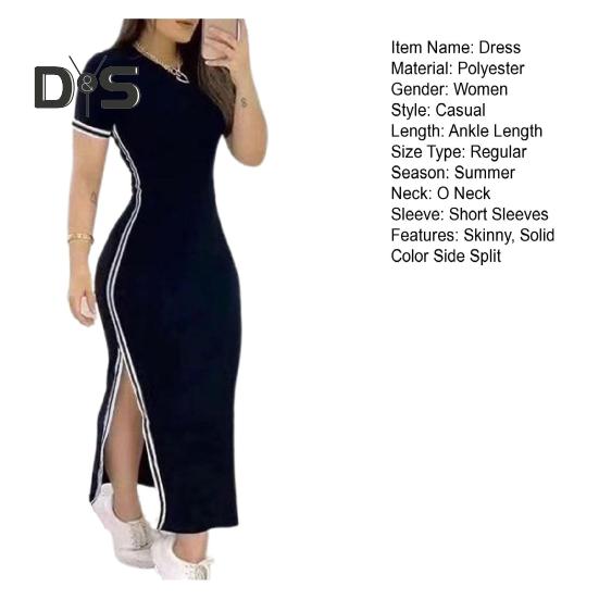 Vestito estivo da donna con scollo a V, spacco laterale, vestibilità attillata, tinta unita, maniche corte, a righe, lunghezza al ginocchio, casual, lungo