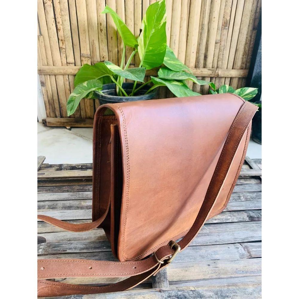 Men's Goat Leather Messenger Shoulder Handmade Leather Brown Bag ( Free Gifts Cross Body Black Bag Size - 9 X 7 X 3 In )