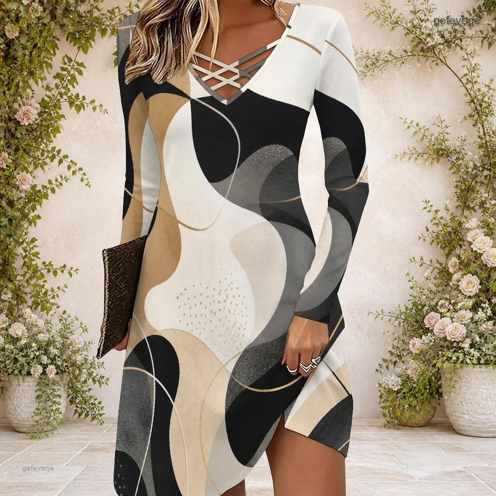 Women Criss Cross V Neck Long Sleeve Fitted Printed Dress Blue Green Curved Hem