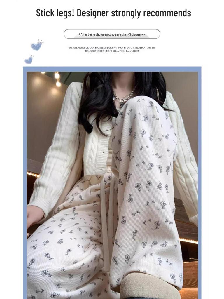 Women's Korean Floral Print High-Waist Loose Drape Pants: Summer Slimming Wide-Leg Trousers