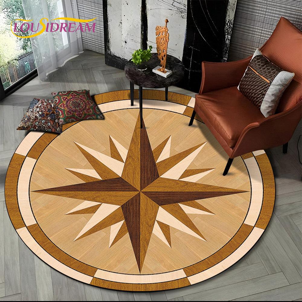 3D Retro Compass Series Circle Area Rug,Round Carpet Rug for Living Room Bedroom Sofa Foot Pad Decor Non-slip Floor Mat Gift