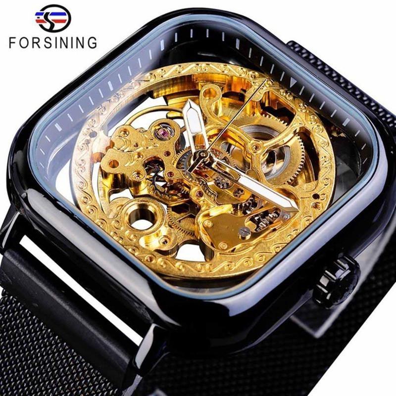 

FORSINING Watches for Man Square Retro Mechanical Watch Self-Wind Skeleton Automatic Watches Vintage Mesh Strap Wristwatch чёрный