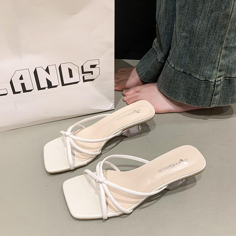 Cool slippers summer outer wear women's shoes 2025 new silver square head with skirt thick heel slippers