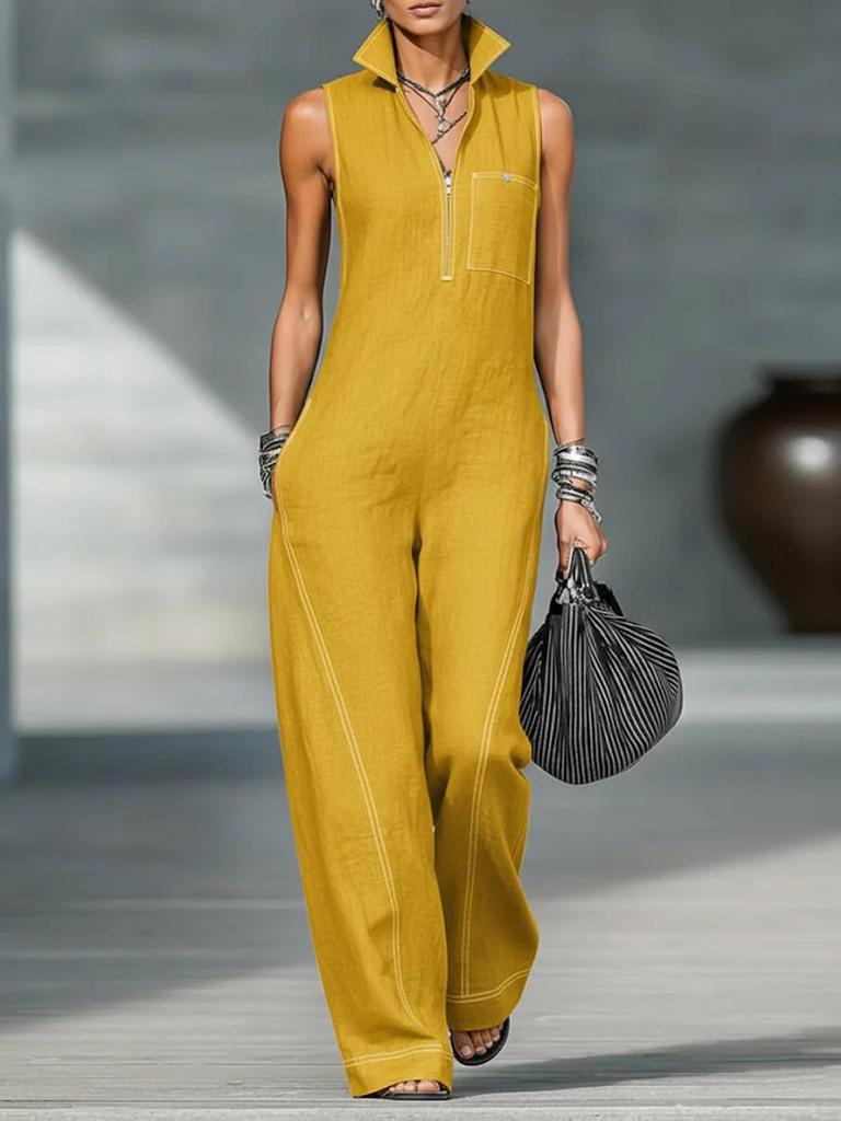 Europäischer & Amerikanischer Damen-Ärmelloser Jumpsuit mit Stehkragen aus Baumwolle und Leinen