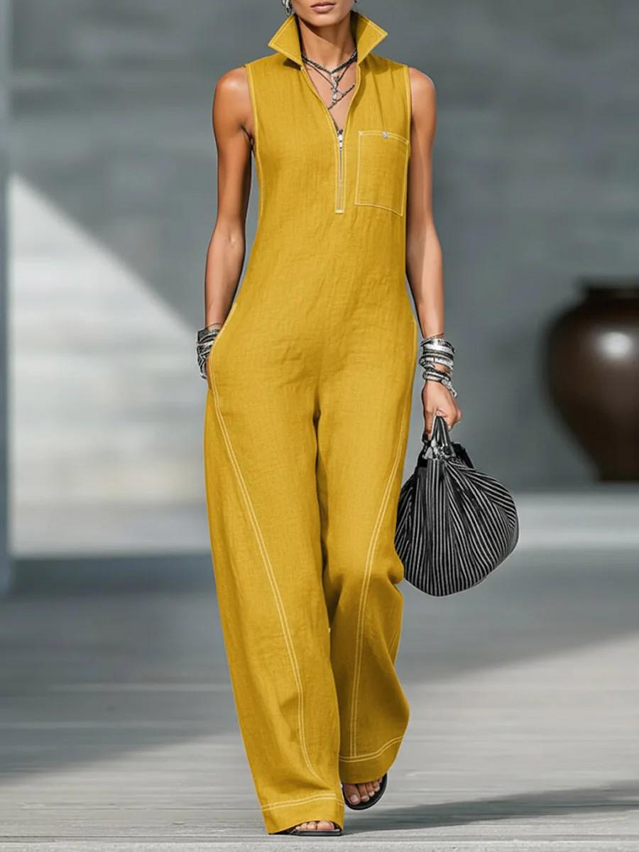 

2026 Women s Stand Collar Sleeveless Cotton Linen Jumpsuit - Casual Loose Fit 3XL жовтий