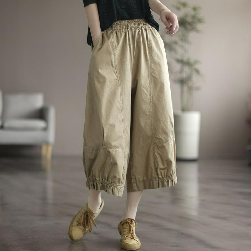 Summer Literary Retro Cotton Cropped Casual Pants Women's Summer Large Size All-match Age-reducing Wide-leg Pants