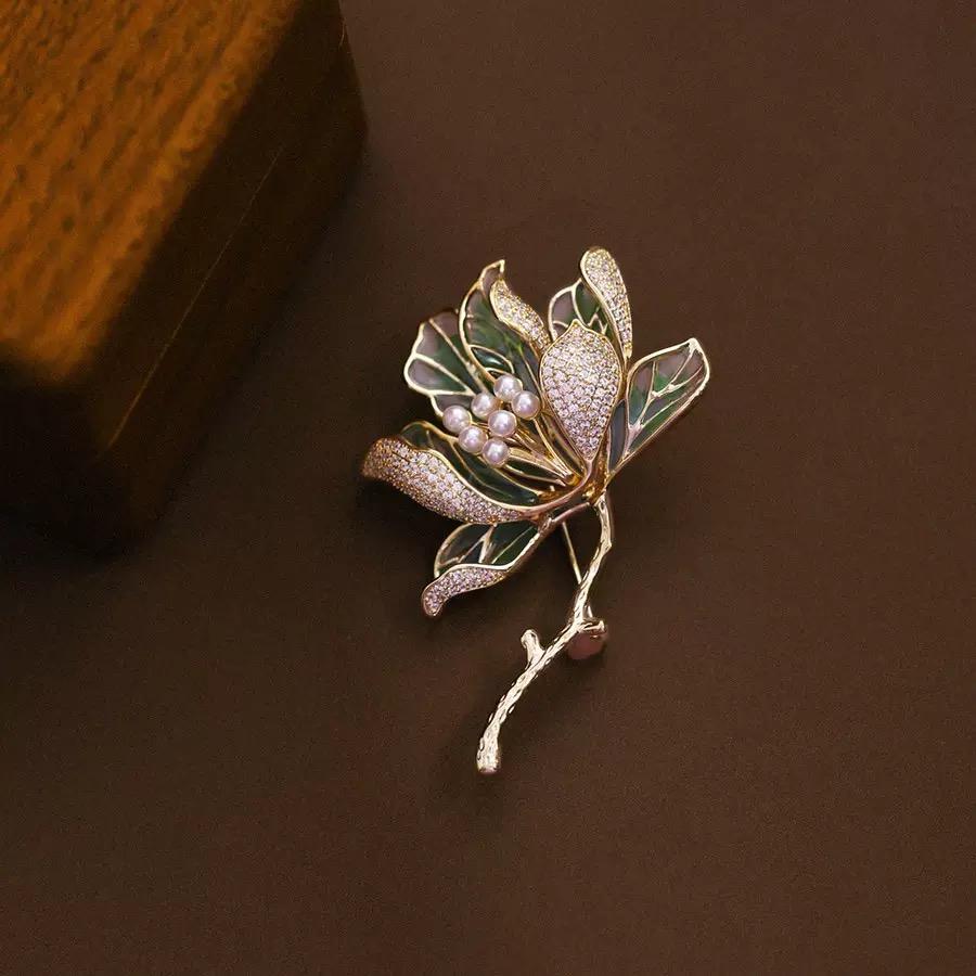 Bella Viva Oriental Style Enamel Begonia Brooch, Premium 18K Gold Plated Copper with Freshwater Pearls, Jewelry for Daily Wear