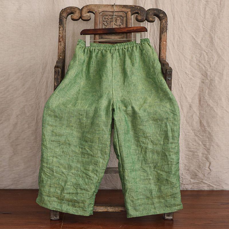 Pantaloni Larghi a Gamba Dritta Corti Tessuto Colorato Cotone e Lino Primavera Larghi Artistici Comodi con Caduta Casual da Donna