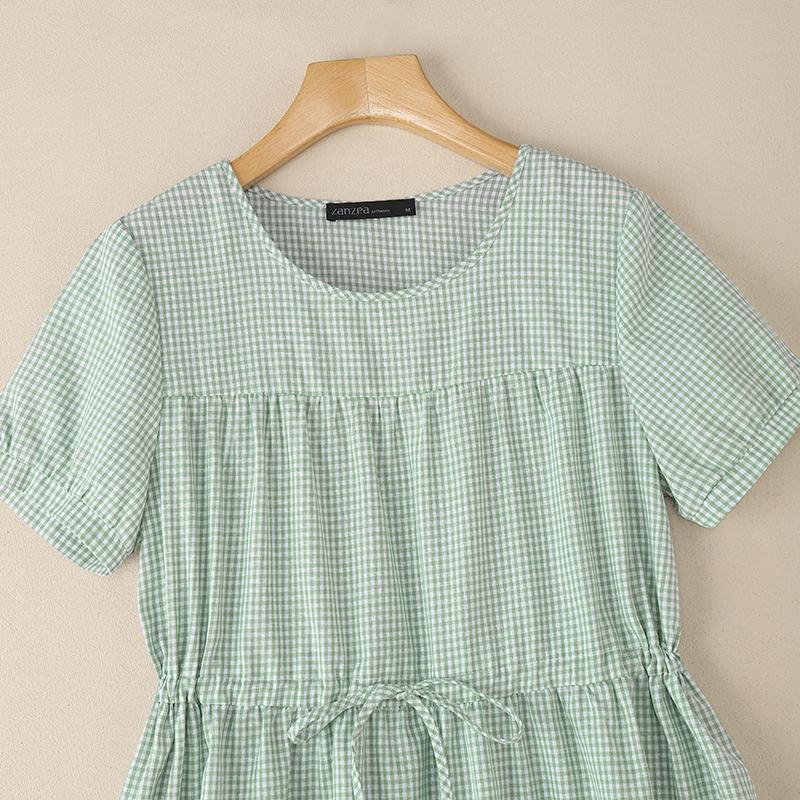 ZANZEA Women Casual Round Neck Summer Short Sleeve Plaid Print Dress