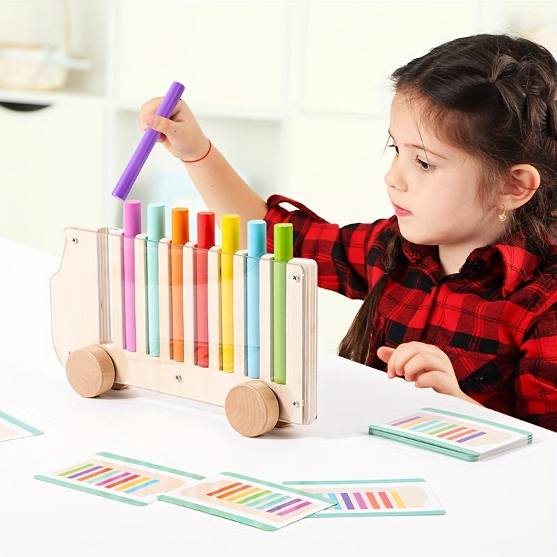 Educational Wooden Toy,Color Sorting Activity Bus Explore Colors and Logical Sorting,Each Color Brick corresponds to a color slot,