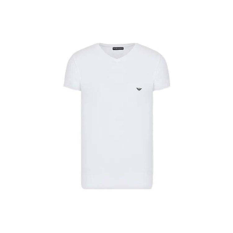 Emporio Armani FW22 Effen Kleur Logo Print V-hals Trui Korte Mouw T-shirt Heren Tops Wit 110810CC-72910-0010 M