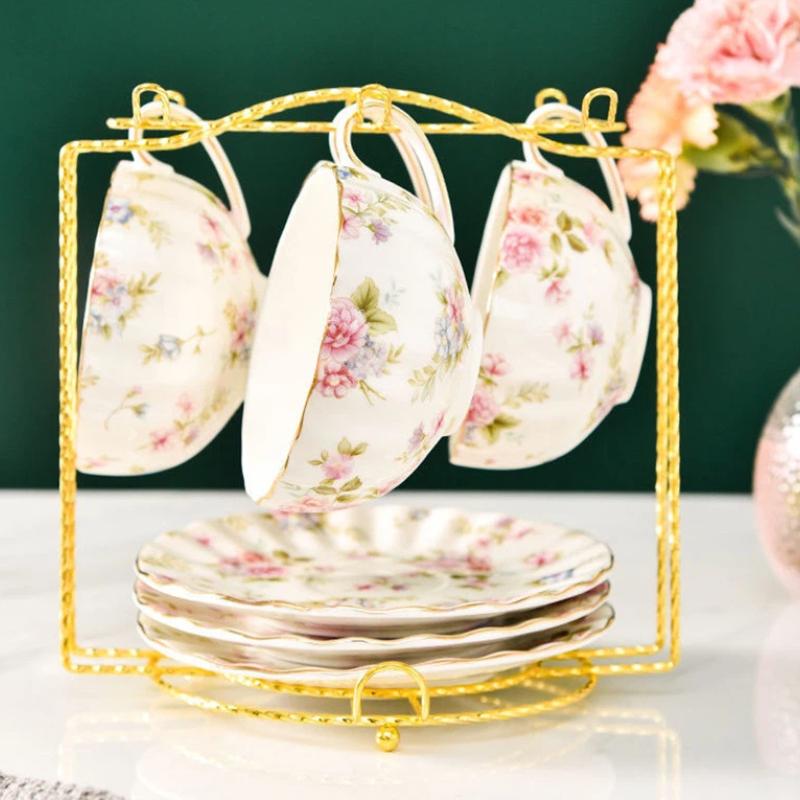 European Bone China Coffee Cup Set – Porcelain Cup, Saucer & Spoon Flowers Tea Set