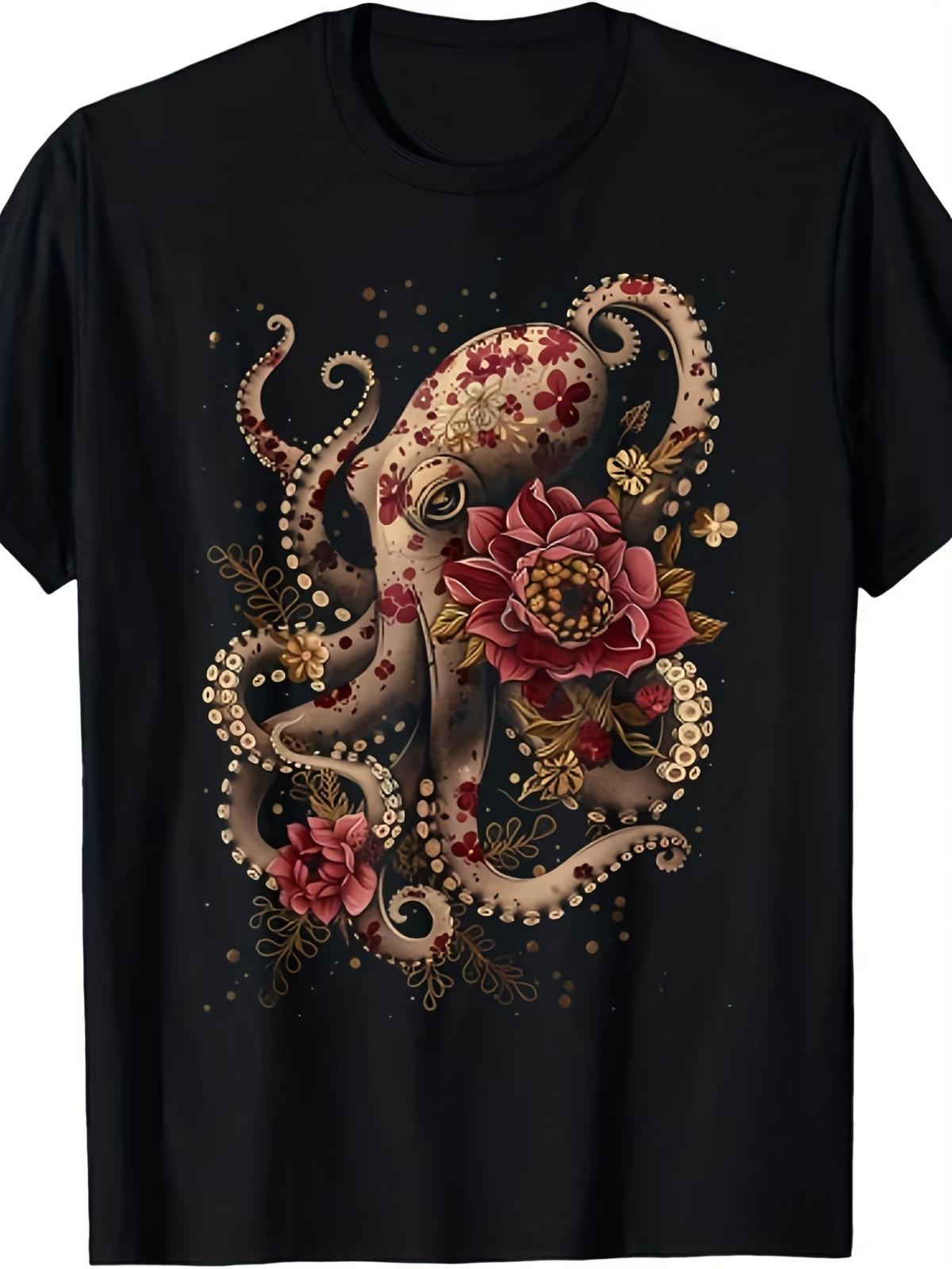 Men S Vintage Octopus & Squid Floral Diving T-Shirt - Retro Marine Life Graphic XXL