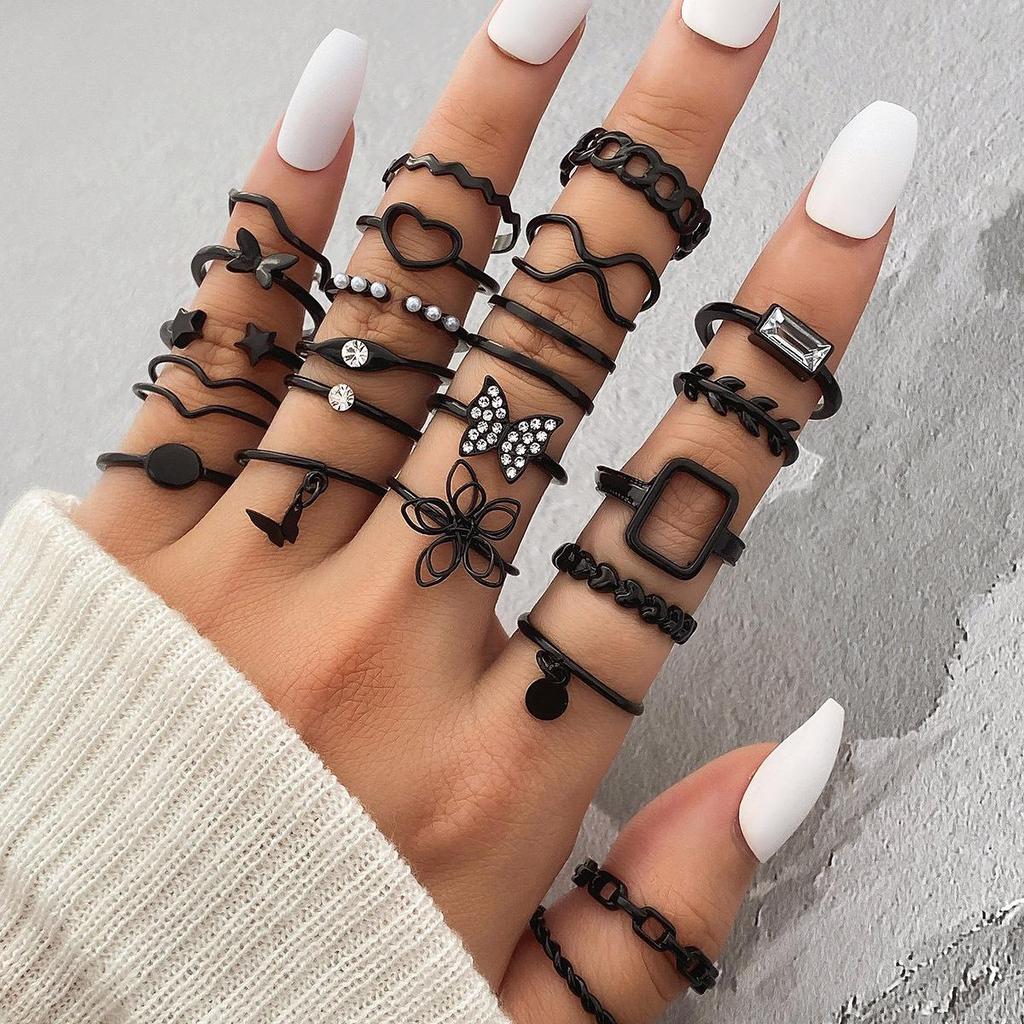 23-Piece Set: Black Butterfly Diamond & Pearl Knuckle Rings for Women