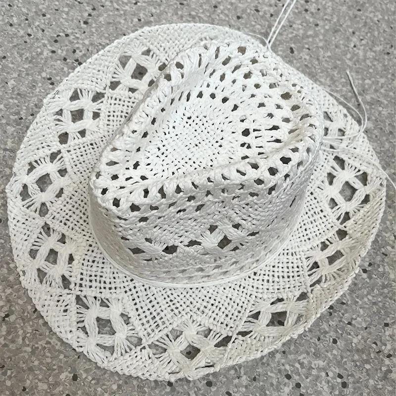 1Pc Summer Bohemian Shell Straw Hat Beach Women Men Cowboy Hats Wooden Beads Hollow Out Western Wide Brim Sun Hat Holiday Cap
