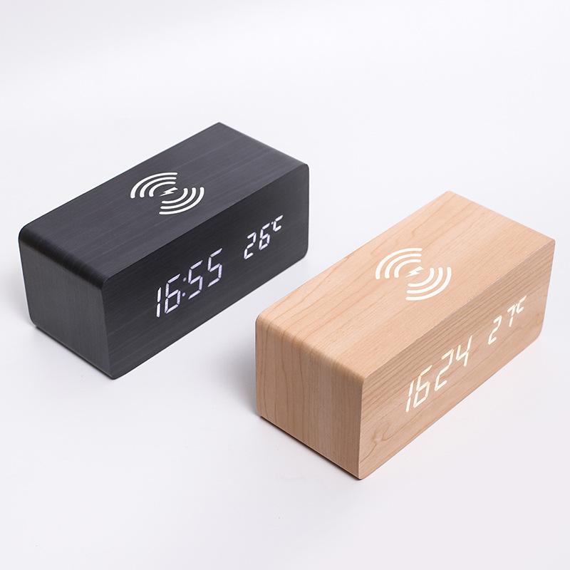 Wireless Charging Clock Sound Control Clock Wooden Clock Smart Wireless Charging Temperature Alarm Clock Electronic Digital Wooden Clock