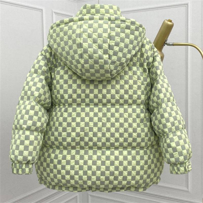 New Checkerboard Down Jacket Women's Short Hooded Loose Thickened White Duck Down Jacket Trend
