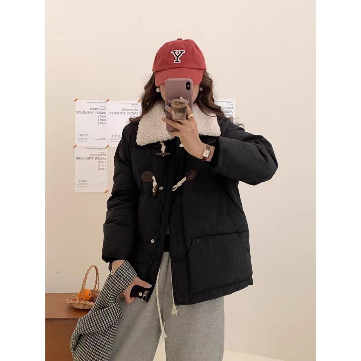 

2025 пуговица-рог осень и зима новая хлопковая куртка женская ягненок шерсть утолщенная короткая стиль преппи корейская версия куртка S чёрный