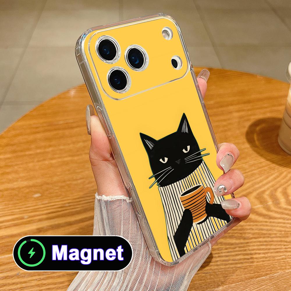 Cute Coffee Cat Clear TPU Magsafe Mobile Phone Case for iPhone 17 16 15 14 13 12 11 Air Pro Max Plus Mini Colorful Cover