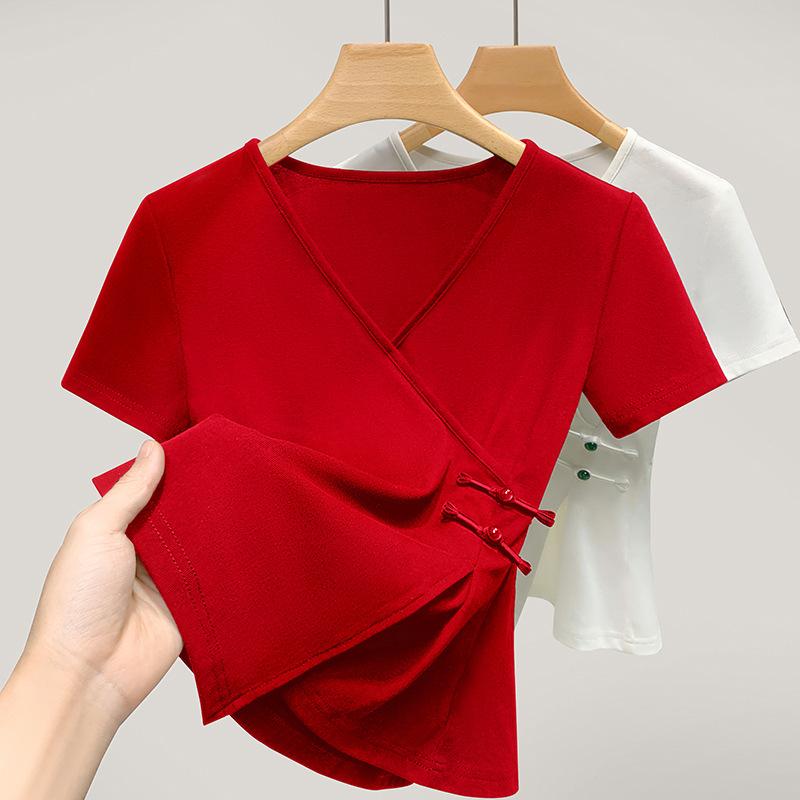 

Футболка с короткими рукавами для женщин. Летняя новая женская одежда в китайском стиле. Новая футболка с V-образным вырезом в китайском стиле. Топ с нестандартной талией. 3XL красный