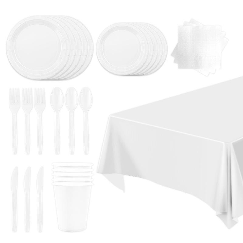 Spot Solid Color Series Tableware Set Simple White Paper Plate Paper Cup Paper Towel Tablecloth Party Arrangement Supplies