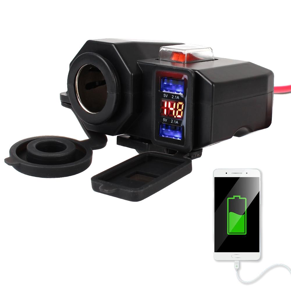For Phone 5V 2.1A Adapter Power Supply Independent Switch Dual USB Port Cigarette Lighter Socket Motorcycle Handlebar Charger