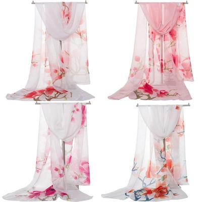 Sunscreen Long Wrap Shawl Flower Print Beach Gauze Scarf Elegant Shawl Silk  for Women