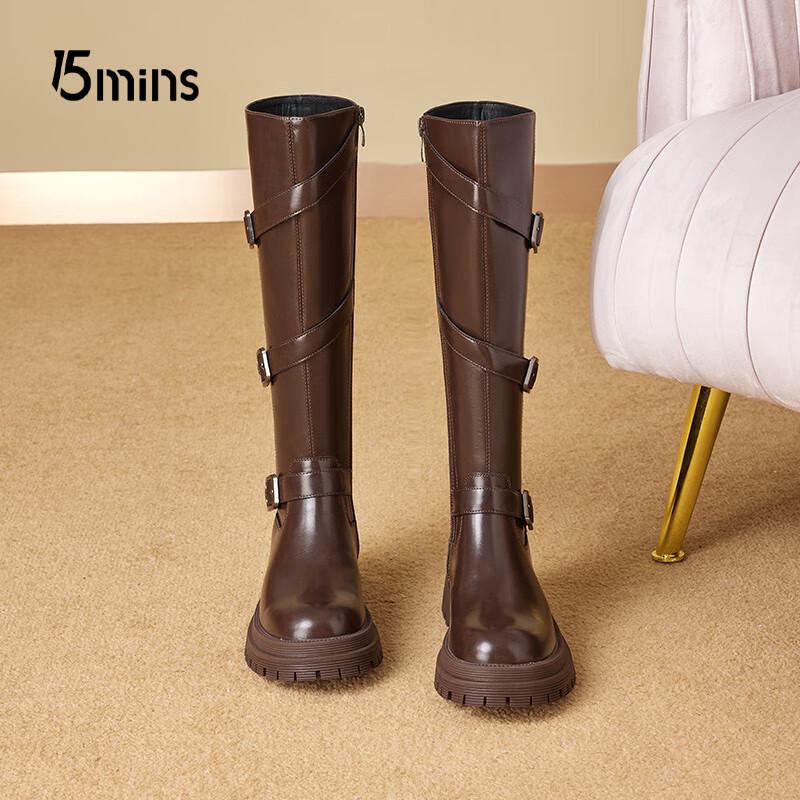 15MINS Women's Winter Warm Block Heel High Boots with Belt Buckle