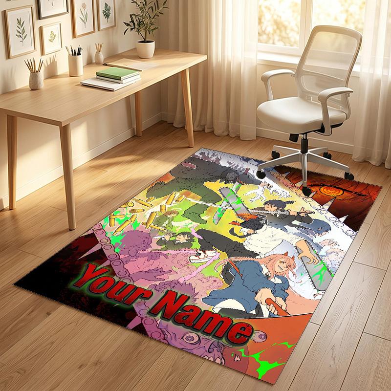 Personalized Crystal Velvet Carpet,Chainsaw Man Custom Printed Name, Plush Area Rug For Home Indoor Decor