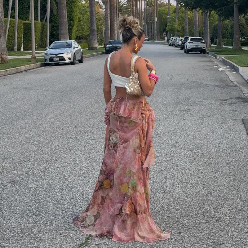 European Style 2024 Floral Print Irregular Maxi Skirt with Double-Layer Ruffles