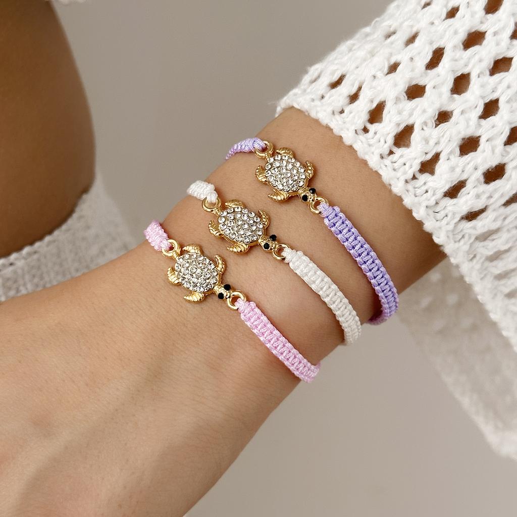 Handmade Rhinestone Inlay Braided Rope Bracelet for Women Boho Metal Turtle Charm Woven Chain Summer Party Jewelry Fashion Gift